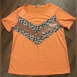BiBi Orange Leopard Sequin Short Sleeve Top